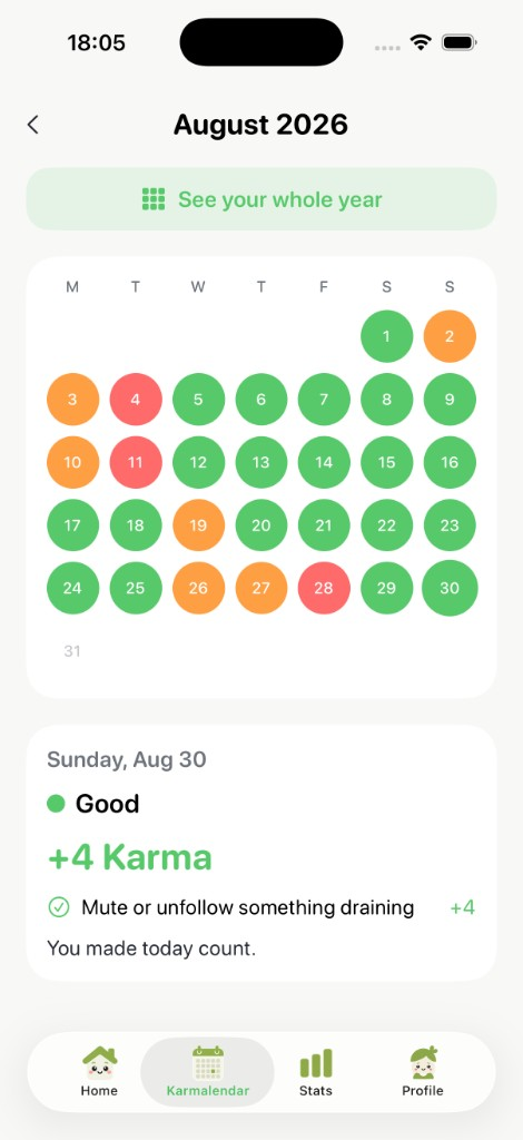 Karmalendar month view with colored days